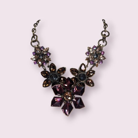 MULTICOLOR ACRYLIC STONES GOLDEN FLOWER LINKS RENAISSANCE STYLE CHOKER NECKLACE - Picture 5 of 10